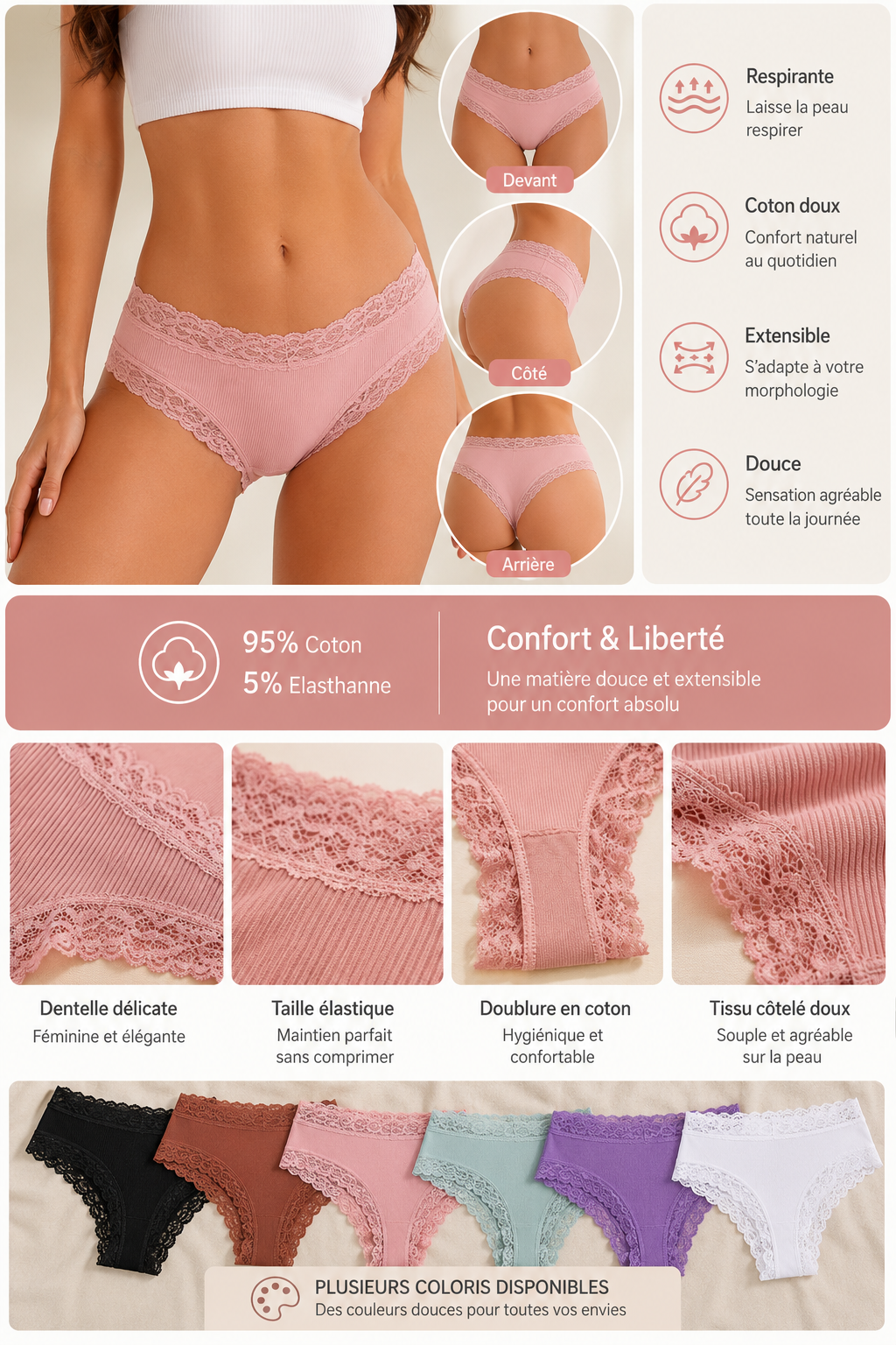 Lot de 5 culottes coton et dentelle ELYZOR