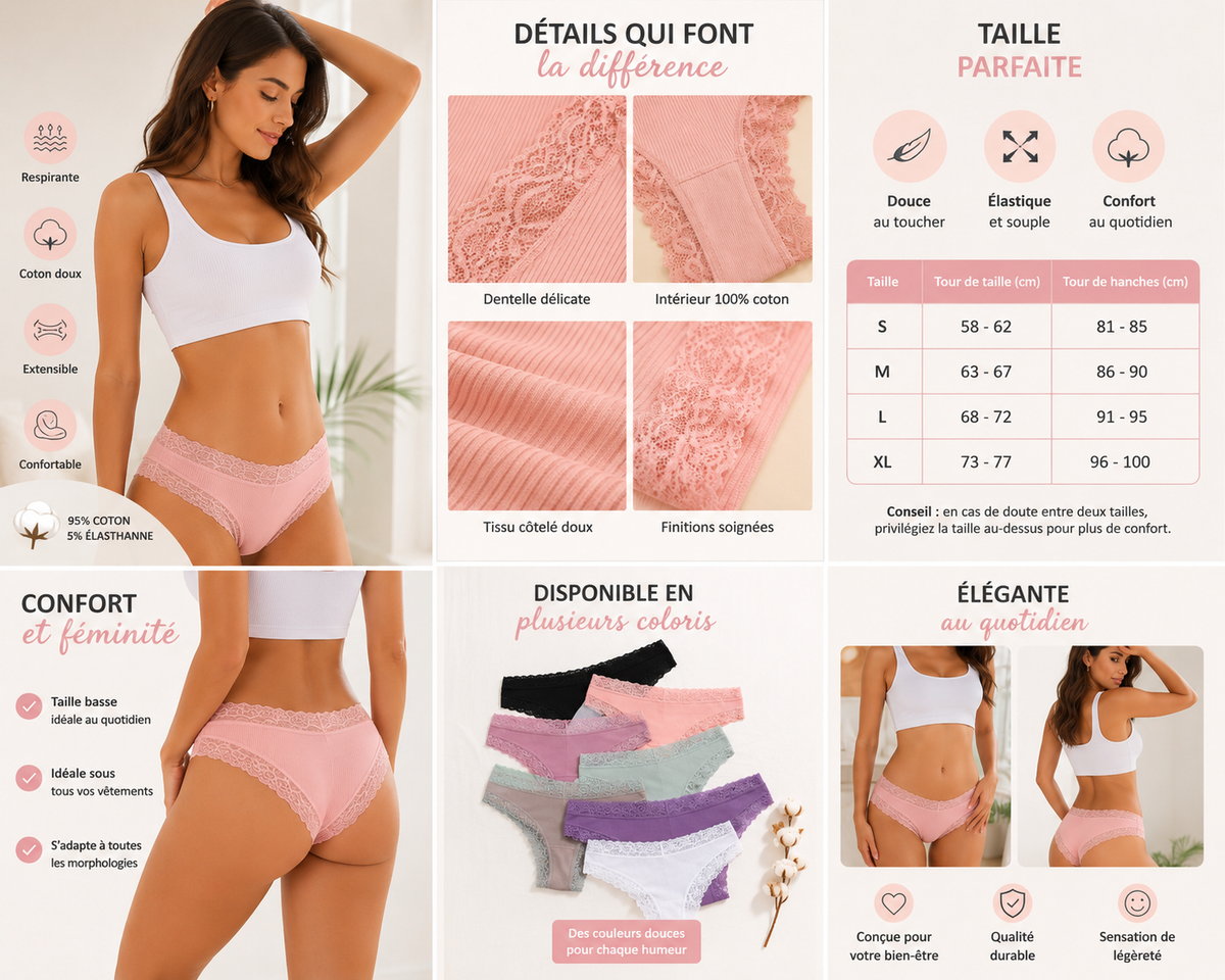 Lot de 5 culottes coton et dentelle ELYZOR
