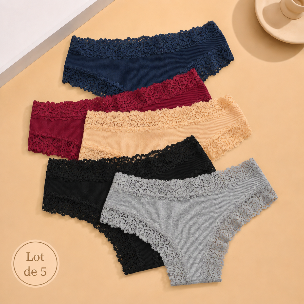 Lot de 5 culottes coton et dentelle ELYZOR