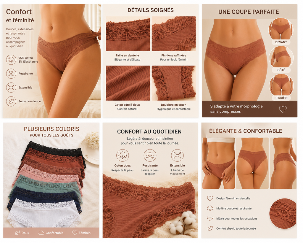Lot de 5 culottes coton et dentelle ELYZOR