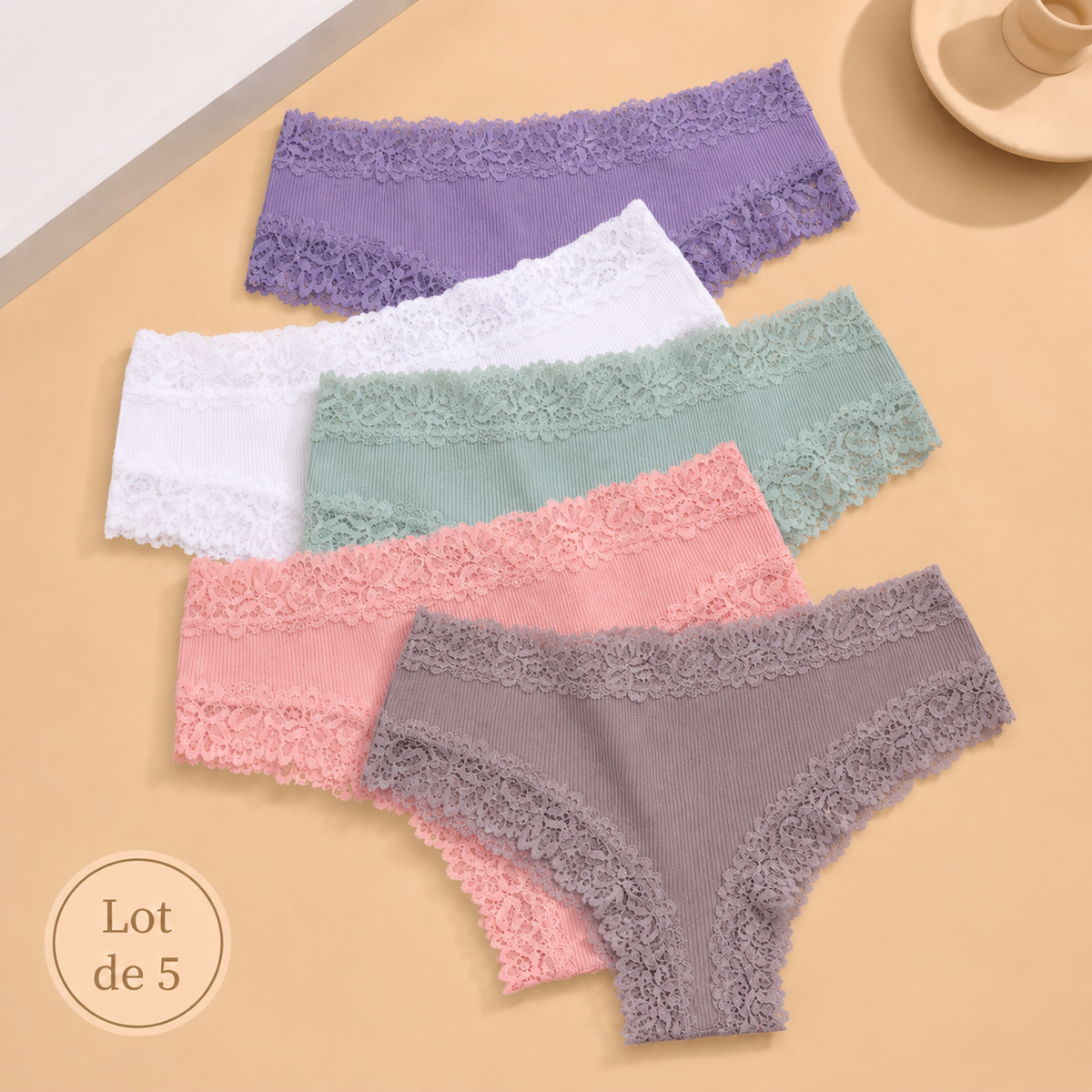 Lot de 5 culottes coton et dentelle ELYZOR