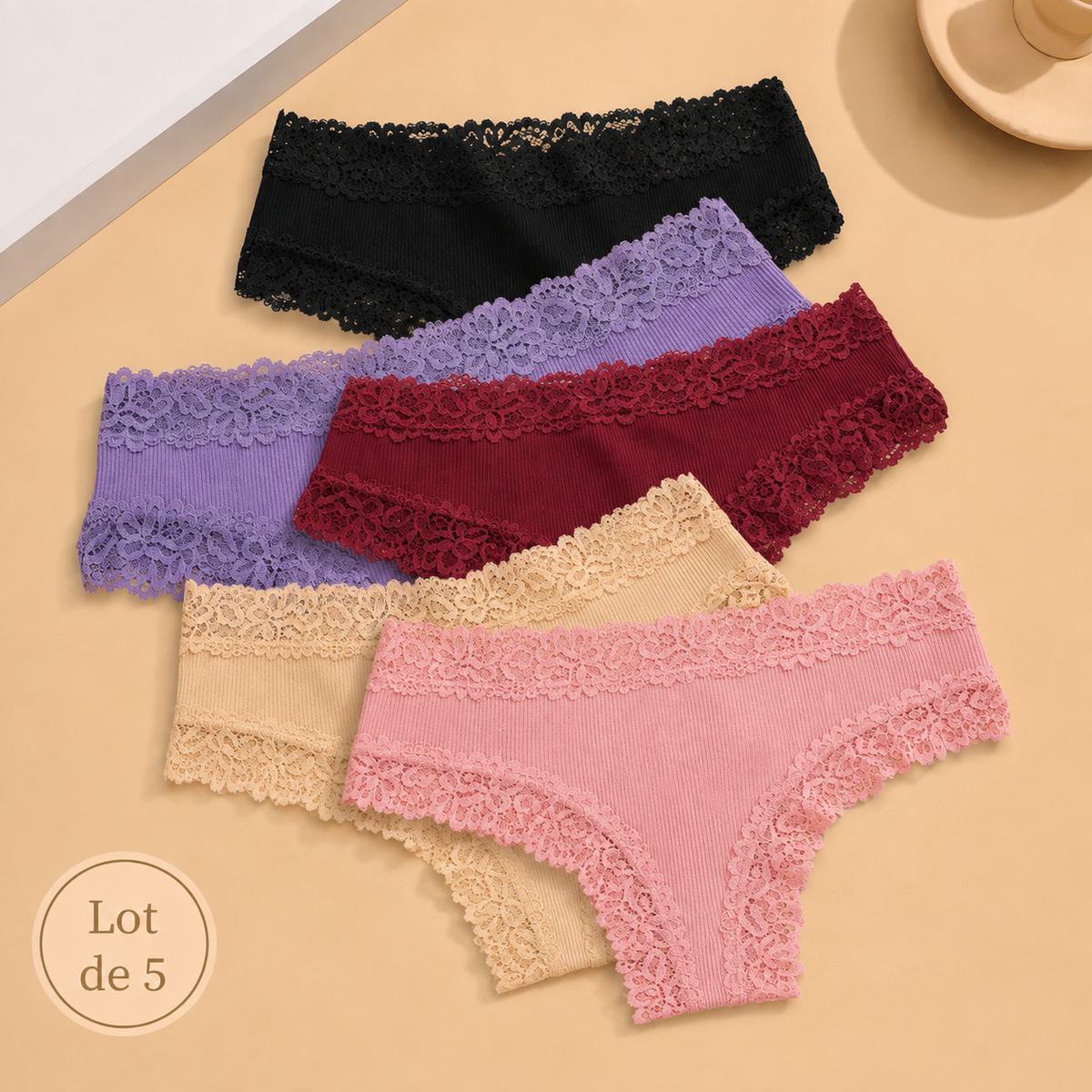 Lot de 5 culottes coton et dentelle ELYZOR