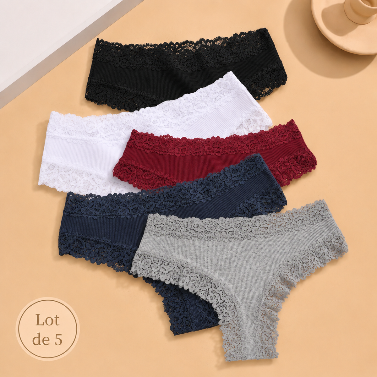 Lot de 5 culottes coton et dentelle ELYZOR